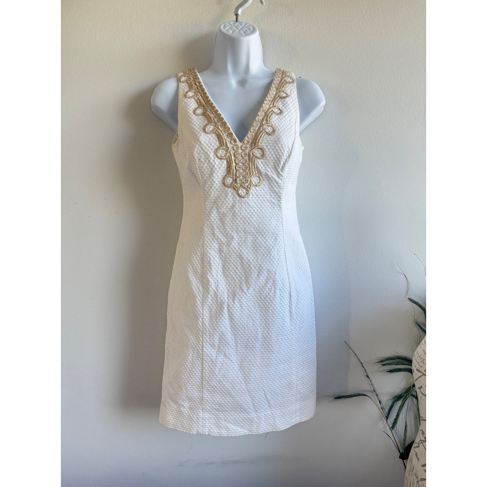 Lilly Pulitzer White Seersucker Gold Soutache V-Neck Shift Dress Size 00 - Picture 2 of 11